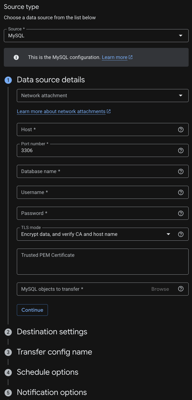 Set up MySQL Transfer